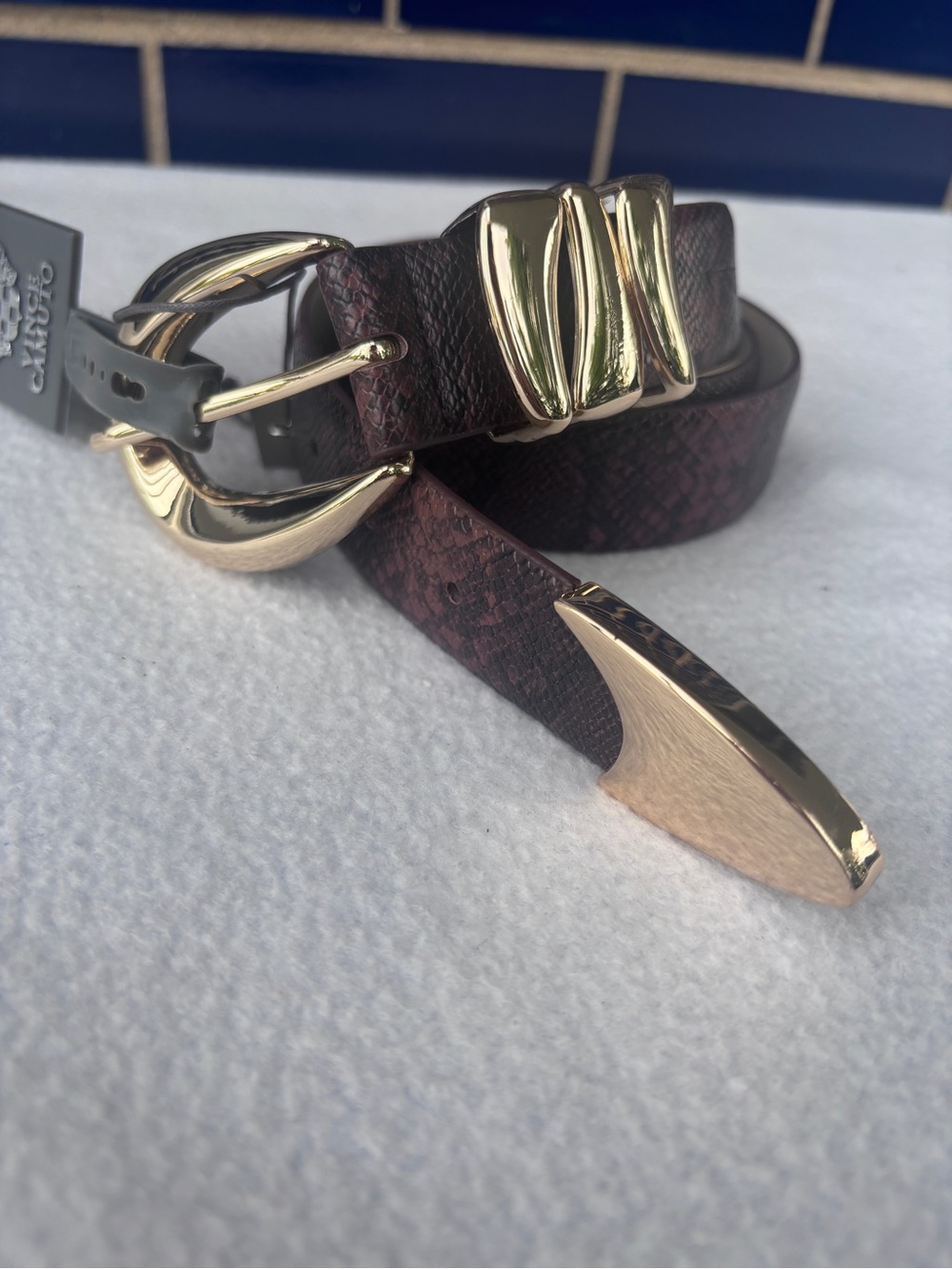 Vince Camuto Sculptural Faux Leather Belt Chocolate/Python Print Gold Buckle M